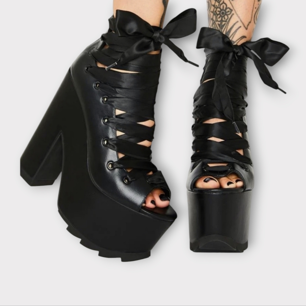 YRU x Dolls Kill Ballet Bae Black Platform Laceup Heels